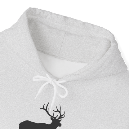 Elk Hunting Hoodie – Custom Mantra Outdoorsmen Gift Sweatshirt with elk silhouette design and drawstring.