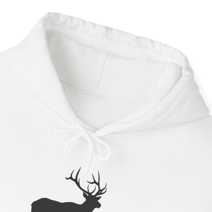 Elk Hunting Hoodie – Custom Mantra Outdoorsmen Gift Sweatshirt with elk graphic and drawstring detail.