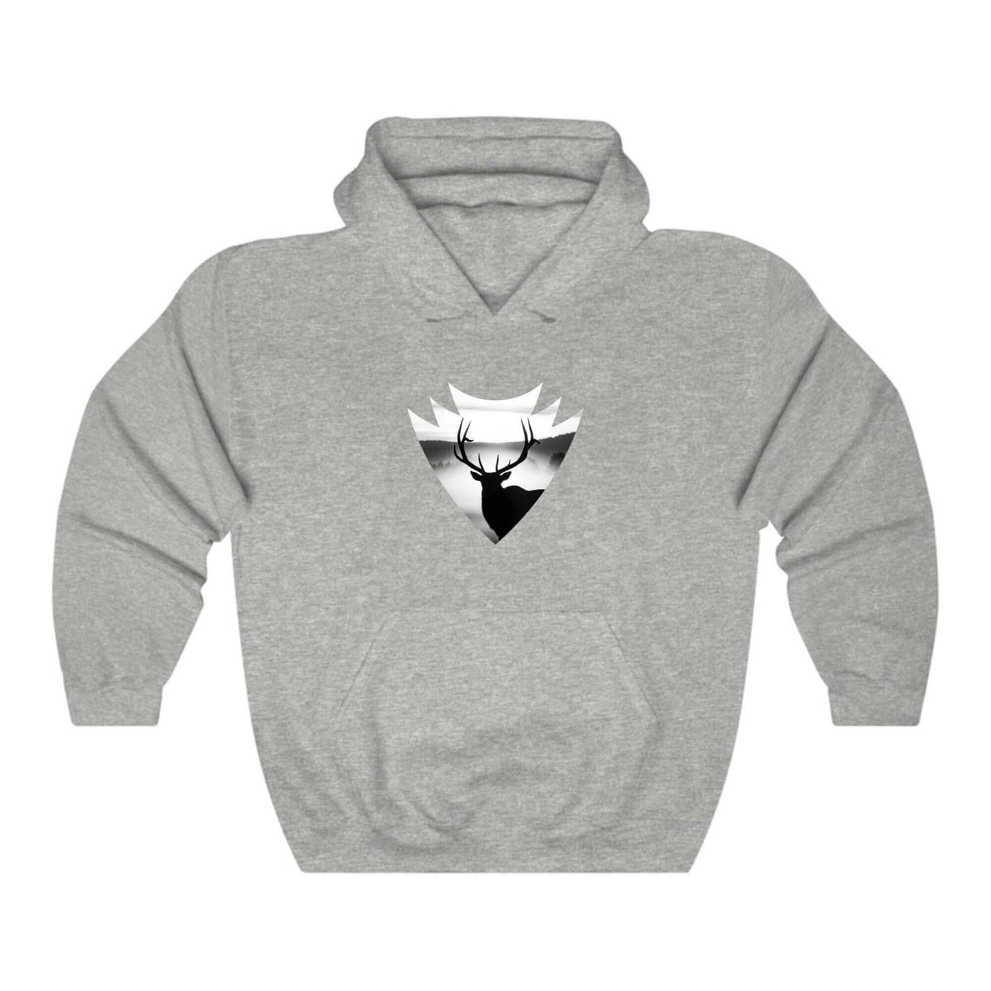 Elk Hunting Hoodie – Custom Mantra Outdoorsmen Gift Sweatshirt with elk artwork in a grey sweatshirt.