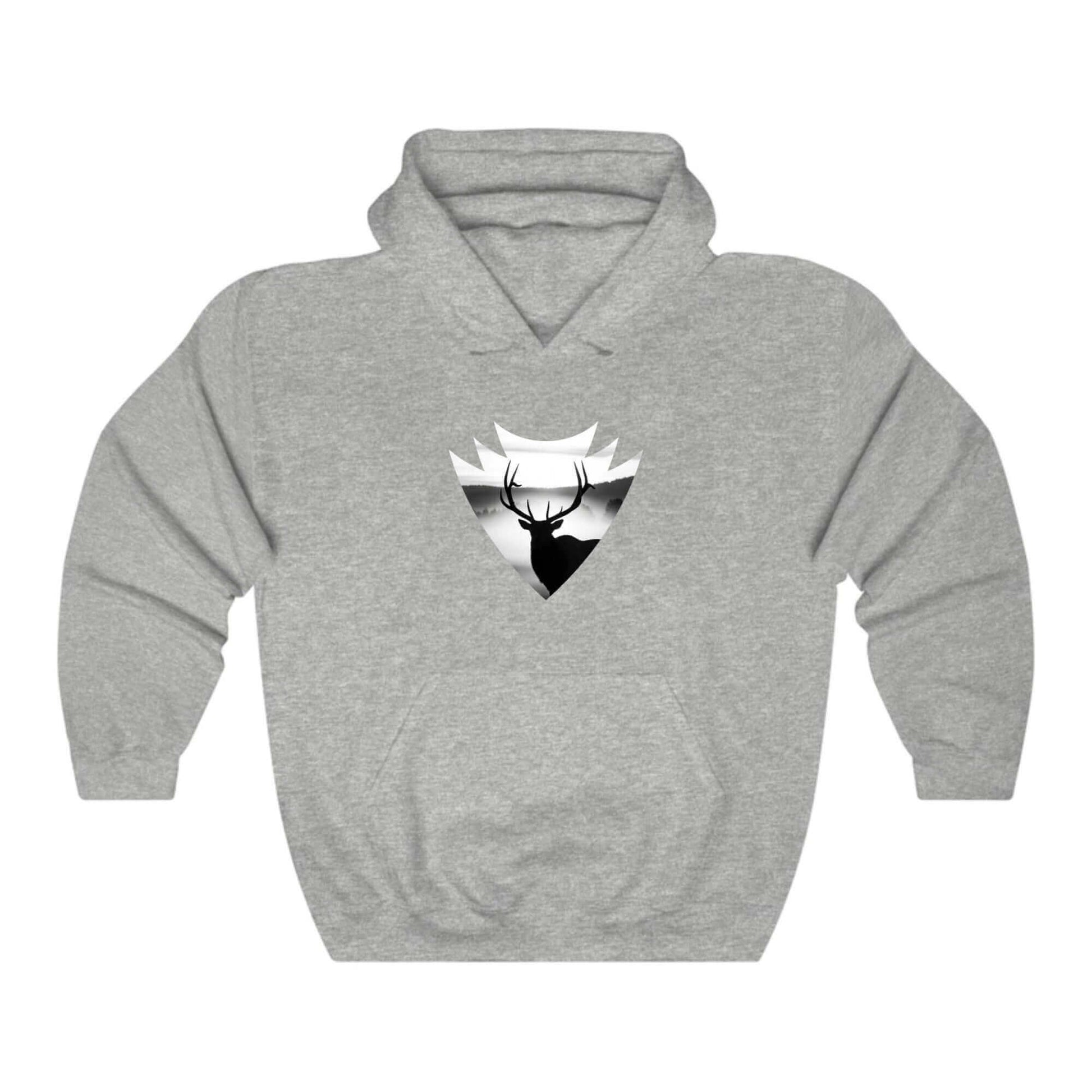 Elk Hunting Hoodie – Custom Mantra Outdoorsmen Gift Sweatshirt with elk artwork in a grey sweatshirt.