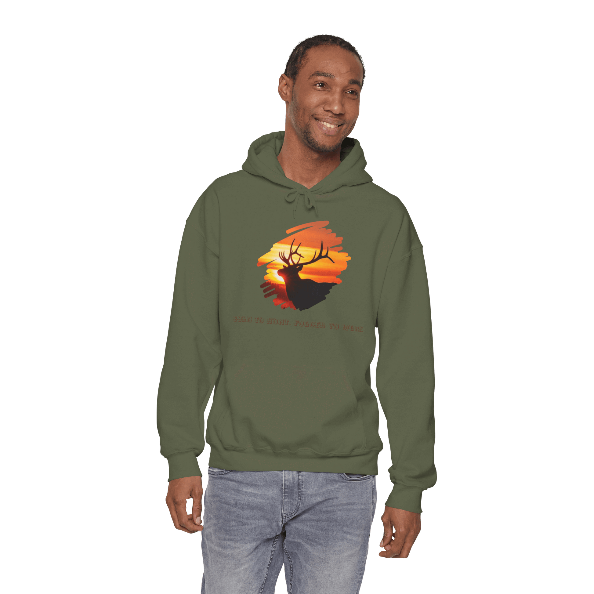 Elk Hunting Hoodie – Custom Mantra Outdoorsmen Gift Sweatshirt with elk silhouette and sunset design.