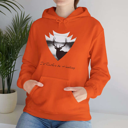 Elk Hunting Hoodie – Custom Mantra Outdoorsmen Gift Sweatshirt featuring elk artwork and the phrase 'I'd Rather Be Hunting'.