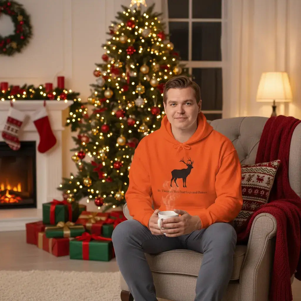 Man wearing Elk Hunting Hoodie – Custom Mantra  Outdoorsmen Gift Sweatshirt while relaxing by the Christmas tree.
