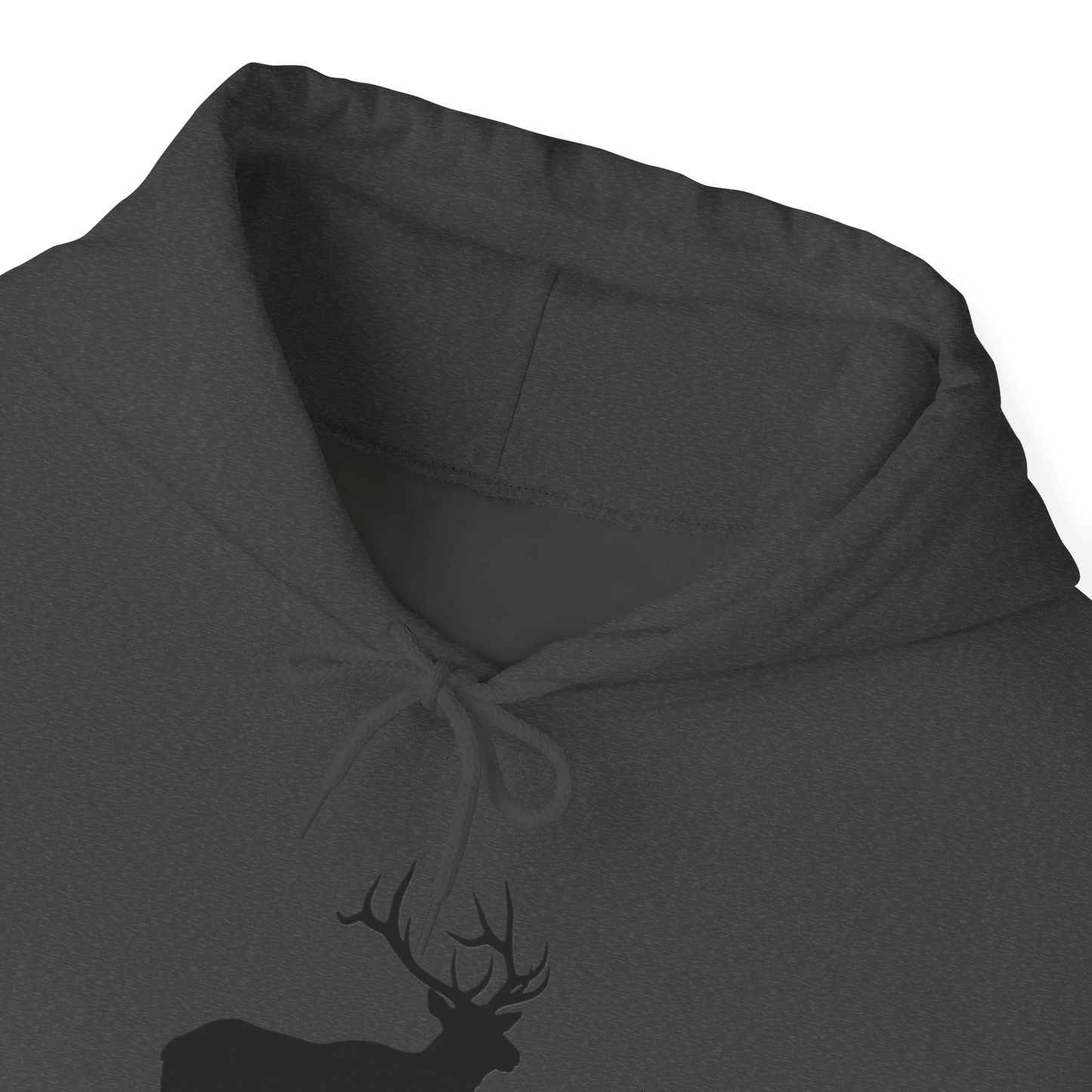 Elk Hunting Hoodie – Custom Mantra Outdoorsmen Gift Sweatshirt showing a hood and elk silhouette in dark color.