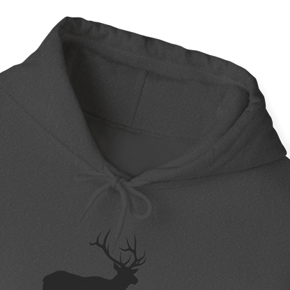 Elk Hunting Hoodie – Custom Mantra Outdoorsmen Gift Sweatshirt showing a hood and elk silhouette in dark color.