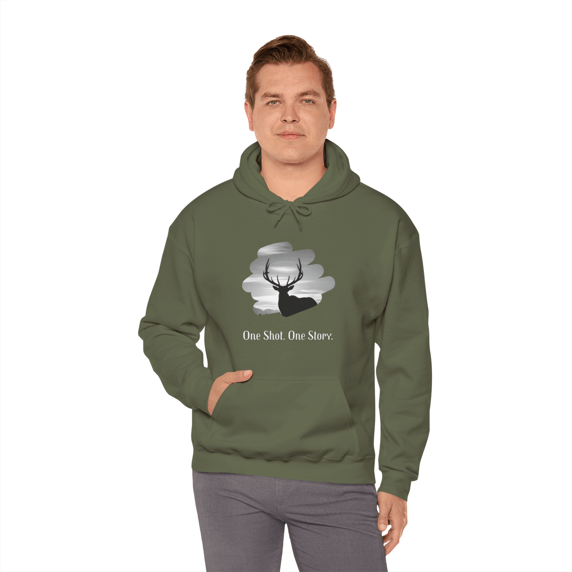 Elk Hunting Hoodie – Custom Mantra Outdoorsmen Gift Sweatshirt featuring elk artwork and customizable tagline.