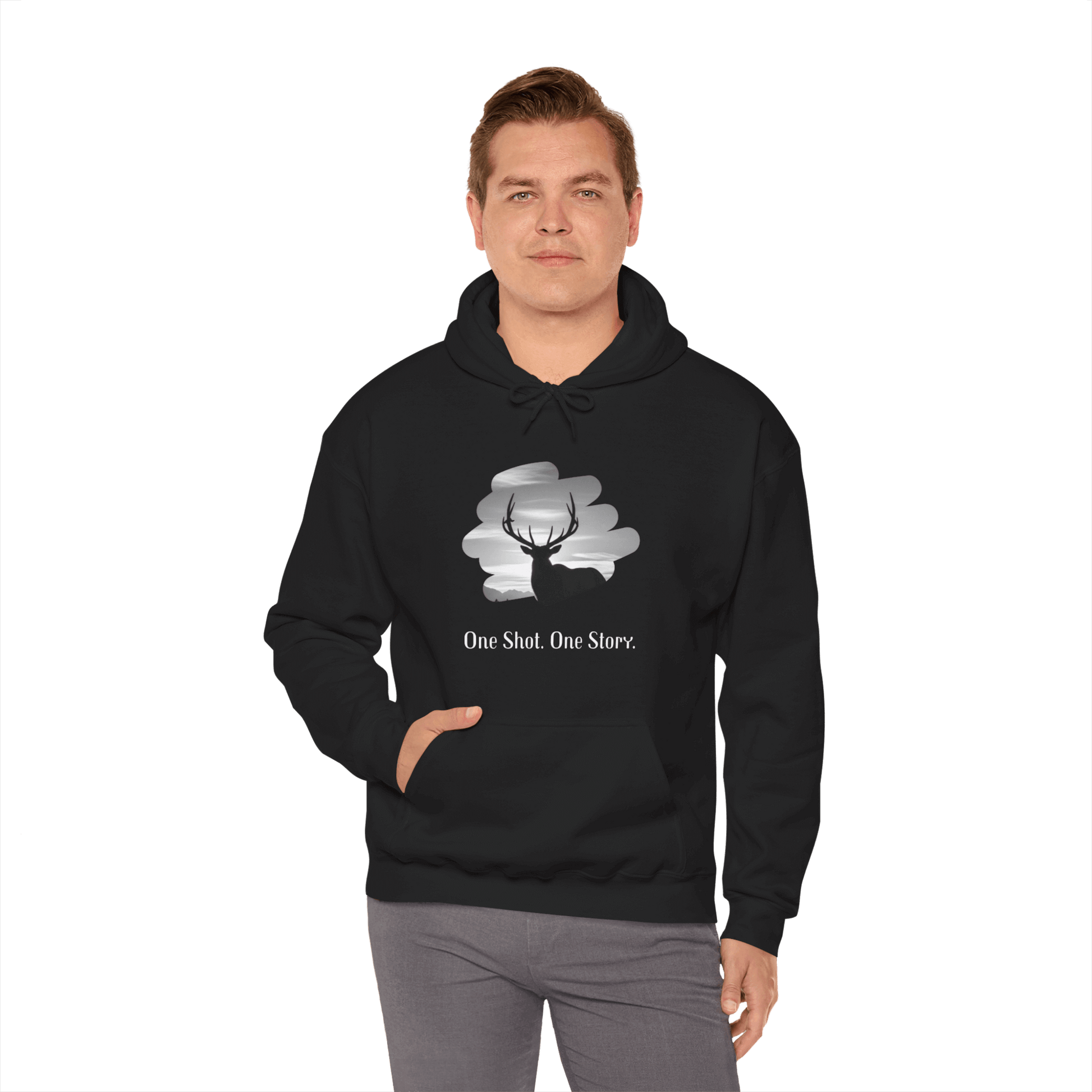 Elk Hunting Hoodie – Custom Mantra  Outdoorsmen Gift Sweatshirt featuring antlers and text 'One Shot. One Story.'