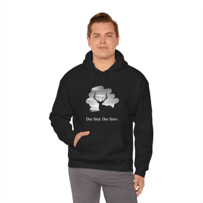 Elk Hunting Hoodie – Custom Mantra  Outdoorsmen Gift Sweatshirt featuring antlers and text 'One Shot. One Story.'