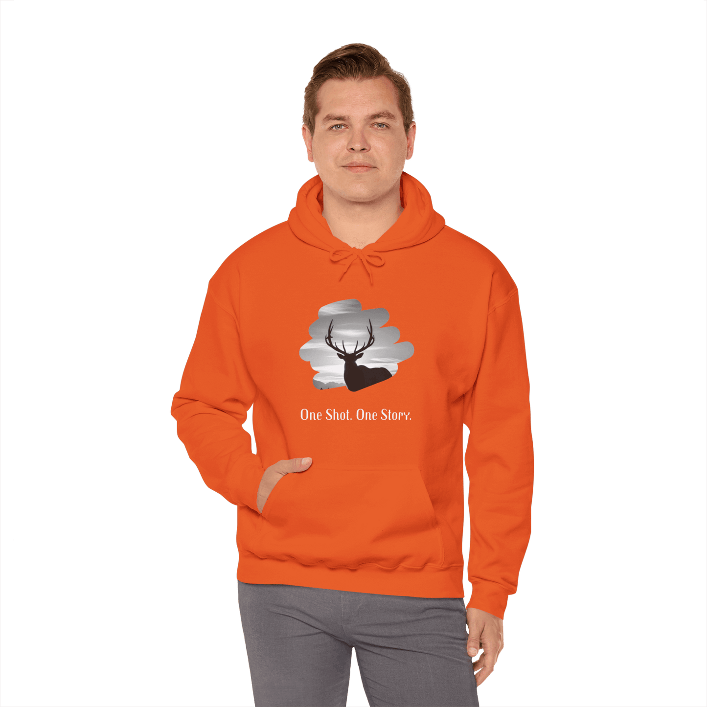 Elk Hunting Hoodie – Custom Mantra Outdoorsmen Gift Sweatshirt featuring stag design and 'One Shot. One Story.' text.