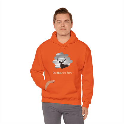 Elk Hunting Hoodie – Custom Mantra Outdoorsmen Gift Sweatshirt featuring stag design and 'One Shot. One Story.' text.