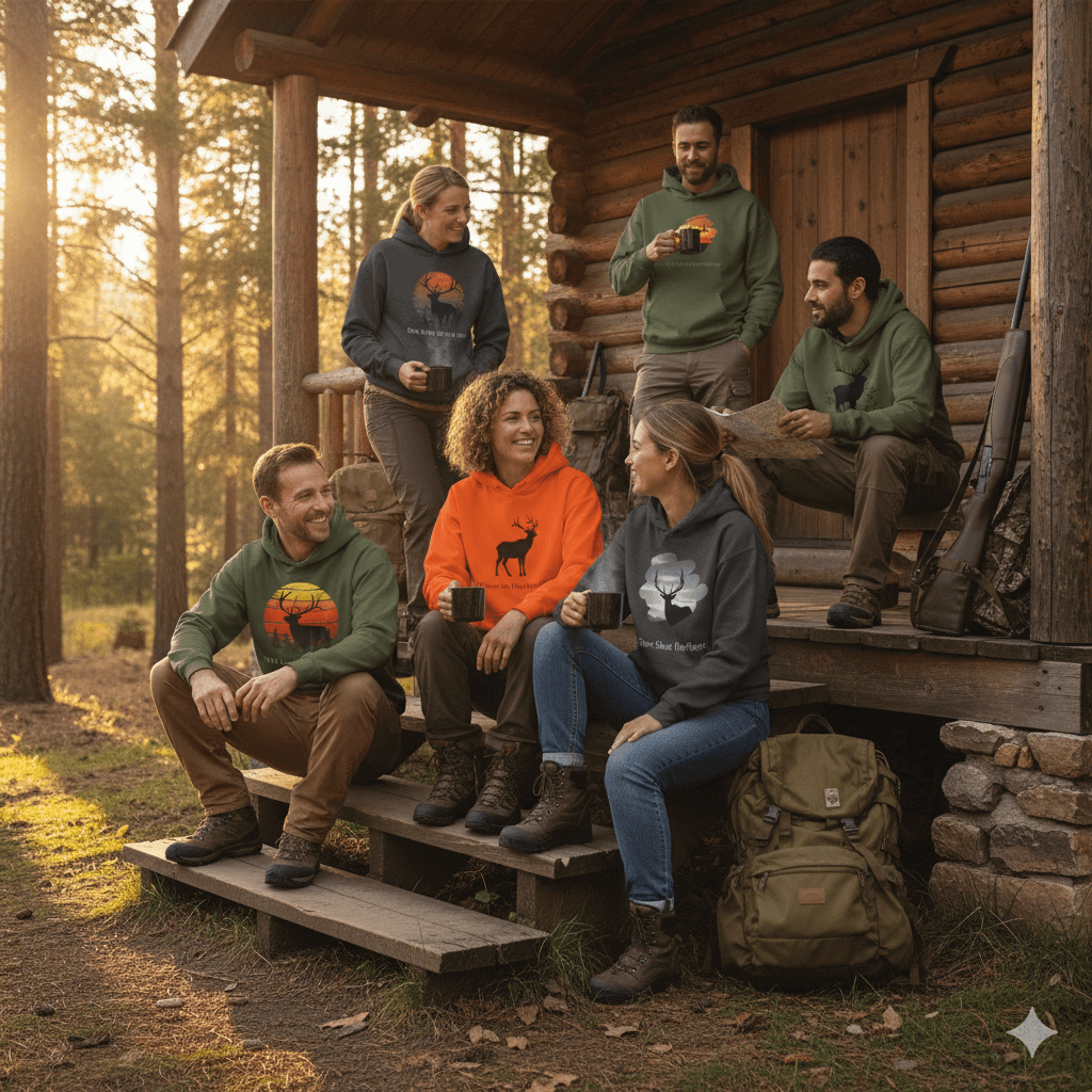 Group of outdoorsmen wearing Elk Hunting Hoodies – Custom Mantra Outdoorsmen Gift Sweatshirt by a cabin in the woods.