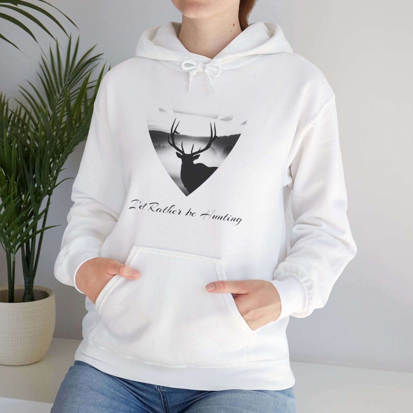 Elk Hunting Hoodie – Custom Mantra Outdoorsmen Gift Sweatshirt with elk artwork and "I'd Rather Be Hunting" slogan.