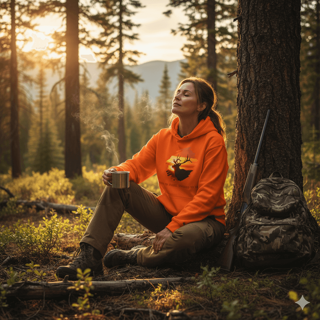 Elk Hunting Hoodie – Custom Mantra  Outdoorsmen Gift Sweatshirt worn by a woman in a forest setting.