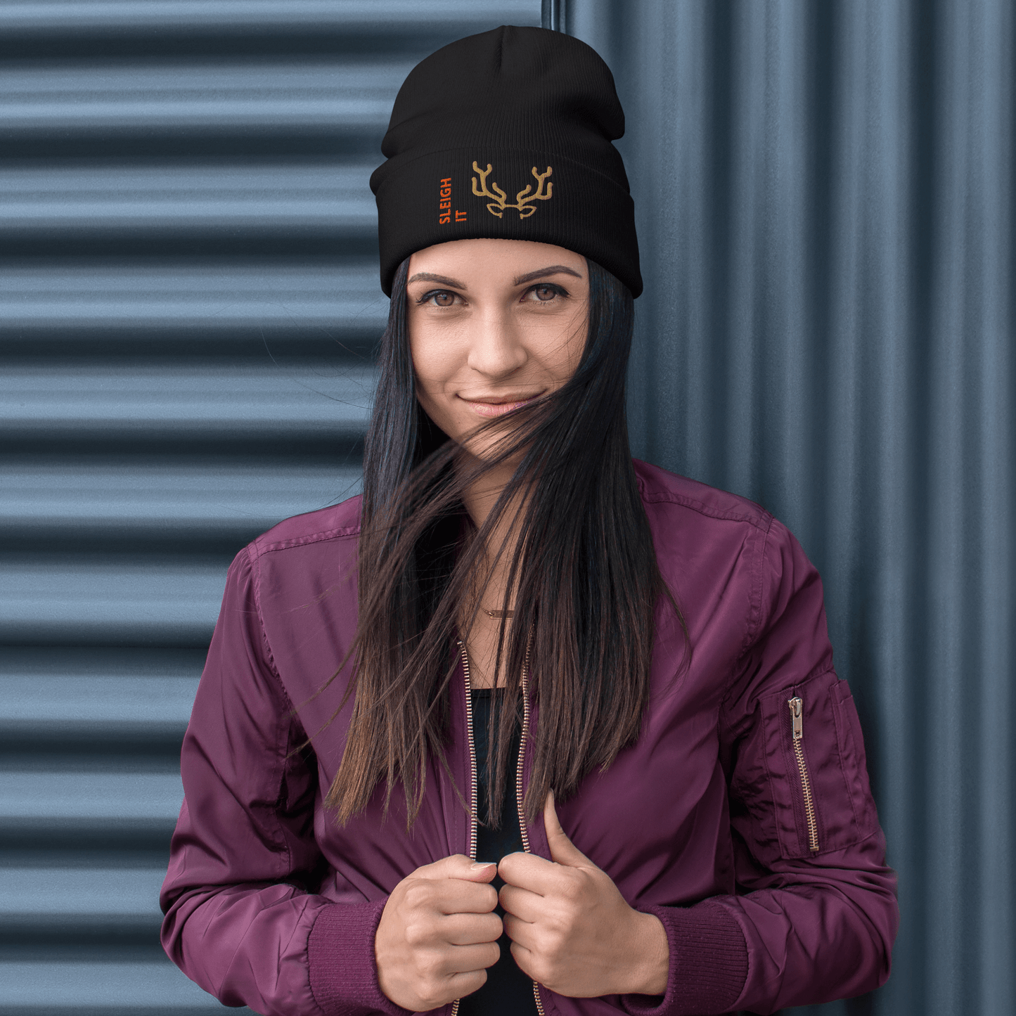 Embroidered Beanie – Cozy Personalized Winter Hat worn by a woman against a textured background, showcasing warmth and style.