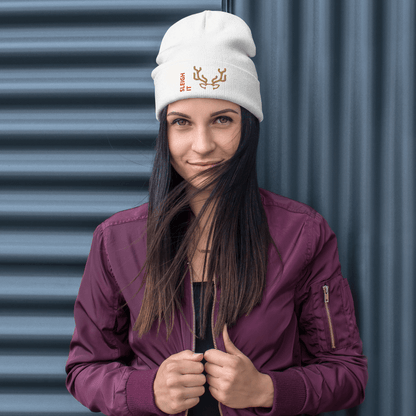 Embroidered Beanie – Cozy Personalized Winter Hat worn by a woman in a stylish outfit against a textured background.