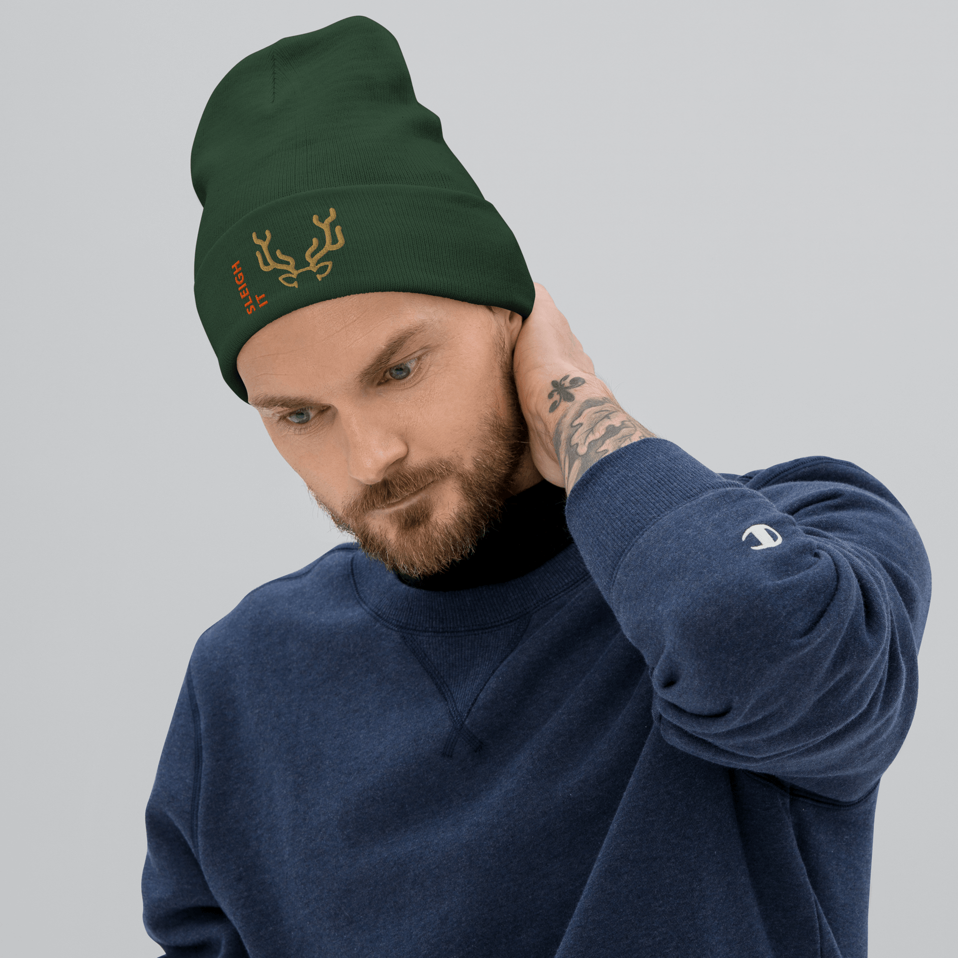 Embroidered Beanie – Cozy Personalized Winter Hat worn by a man in a green beanie and blue sweatshirt.