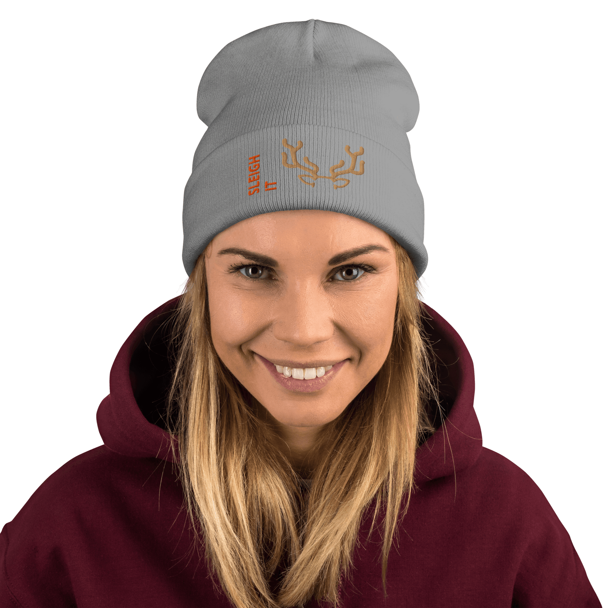 Embroidered Beanie – Cozy Personalized Winter Hat worn by a woman with a stylish design, perfect for cold weather.