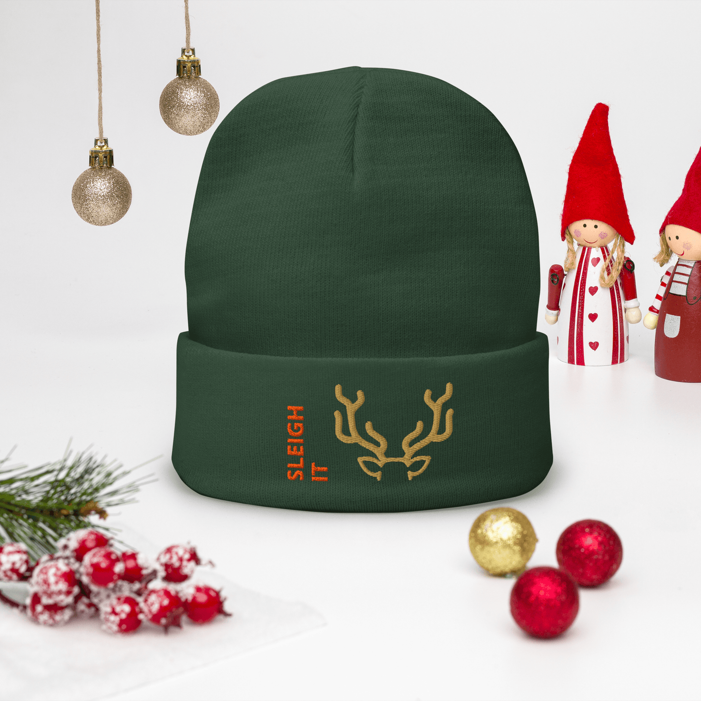 Embroidered Beanie – Cozy Personalized Winter Hat in green with antler design and 'SLEIGH IT' text.