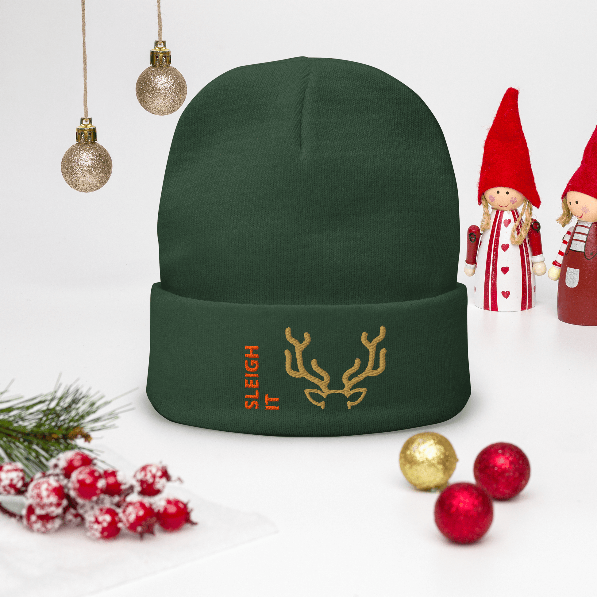 Embroidered Beanie – Cozy Personalized Winter Hat in green with antler design and 'SLEIGH IT' text.