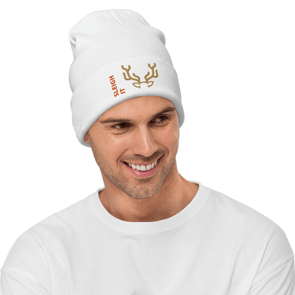 Embroidered Beanie – Cozy Personalized Winter Hat worn by a smiling man, featuring festive design elements.
