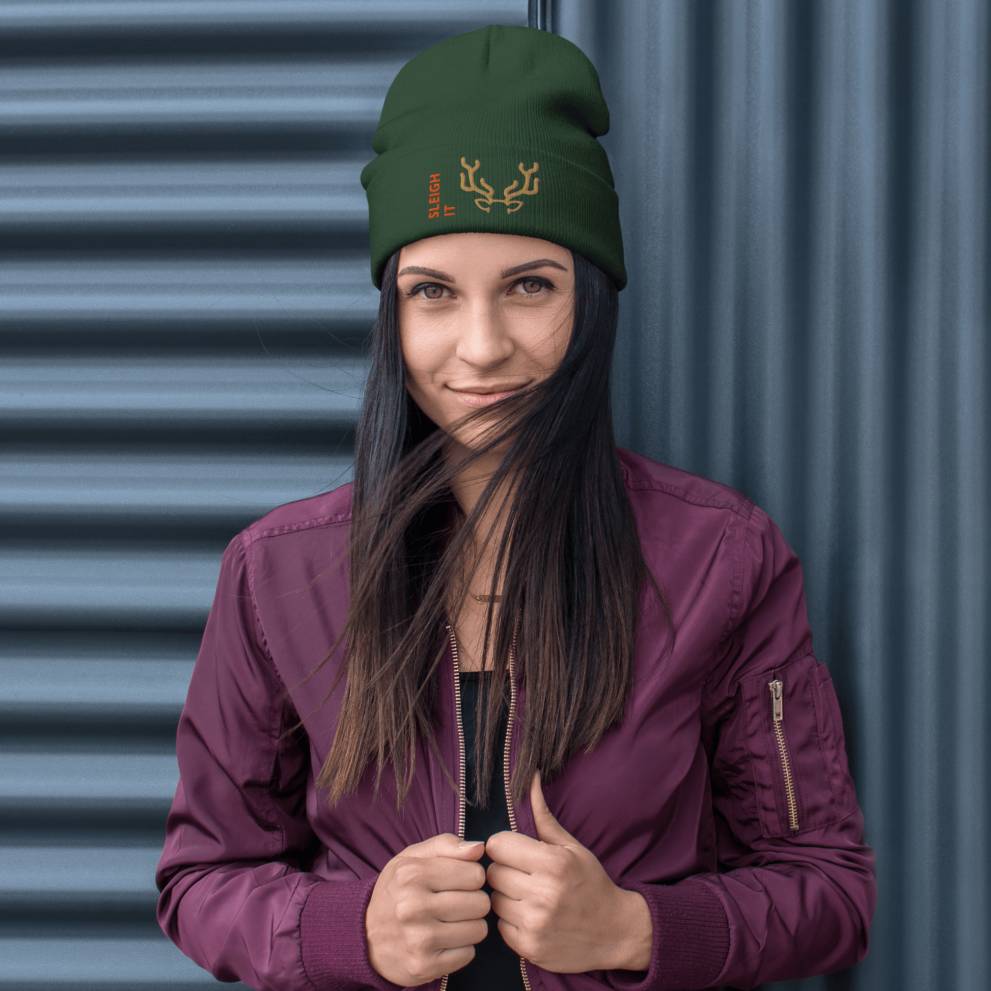 Embroidered Beanie – Cozy Personalized Winter Hat worn by a woman with long hair standing against a corrugated backdrop.