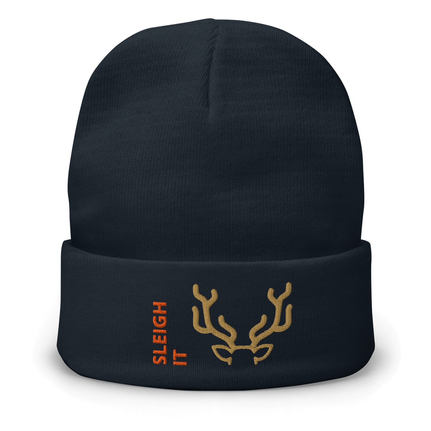 Embroidered Beanie – Cozy Personalized Winter Hat with a reindeer design and the phrase 'SLEIGH IT'.