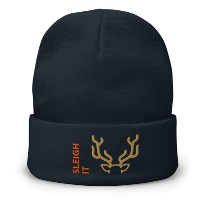 Embroidered Beanie – Cozy Personalized Winter Hat with a reindeer design and the phrase 'SLEIGH IT'.