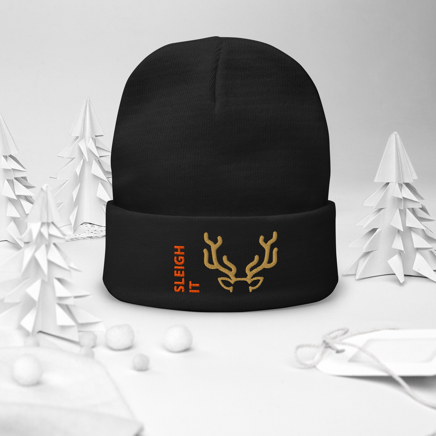 Embroidered Beanie – Cozy Personalized Winter Hat with gold reindeer antlers and 'SLEIGH IT' text.