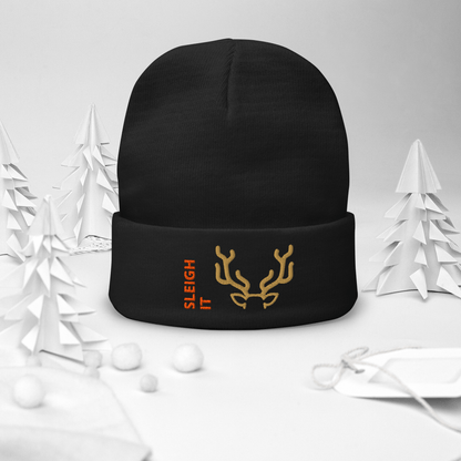 Embroidered Beanie – Cozy Personalized Winter Hat with gold reindeer antlers and 'SLEIGH IT' text.