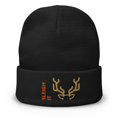 Embroidered Beanie – Cozy Personalized Winter Hat with antlers and 'SLEIGH IT' text design