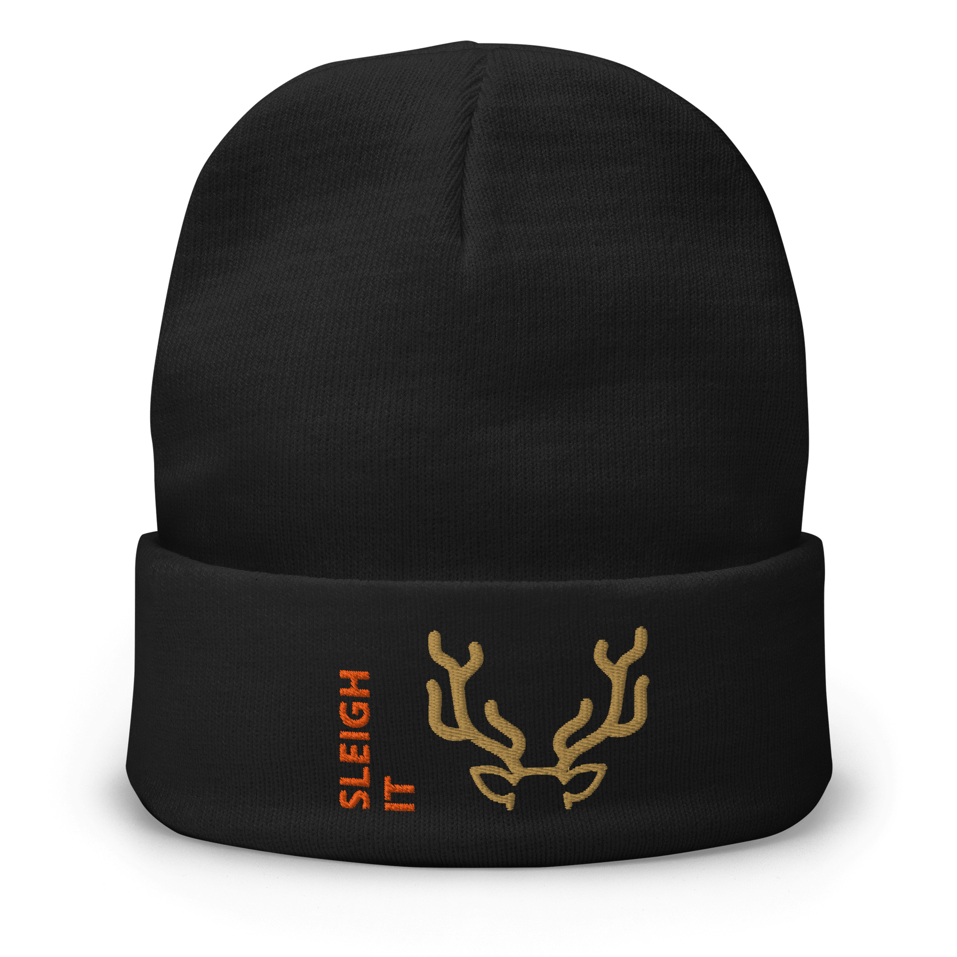 Embroidered Beanie – Cozy Personalized Winter Hat with antler design and "SLEIGH IT" text.