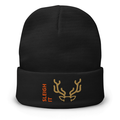 Embroidered Beanie – Cozy Personalized Winter Hat with antler design and "SLEIGH IT" text.