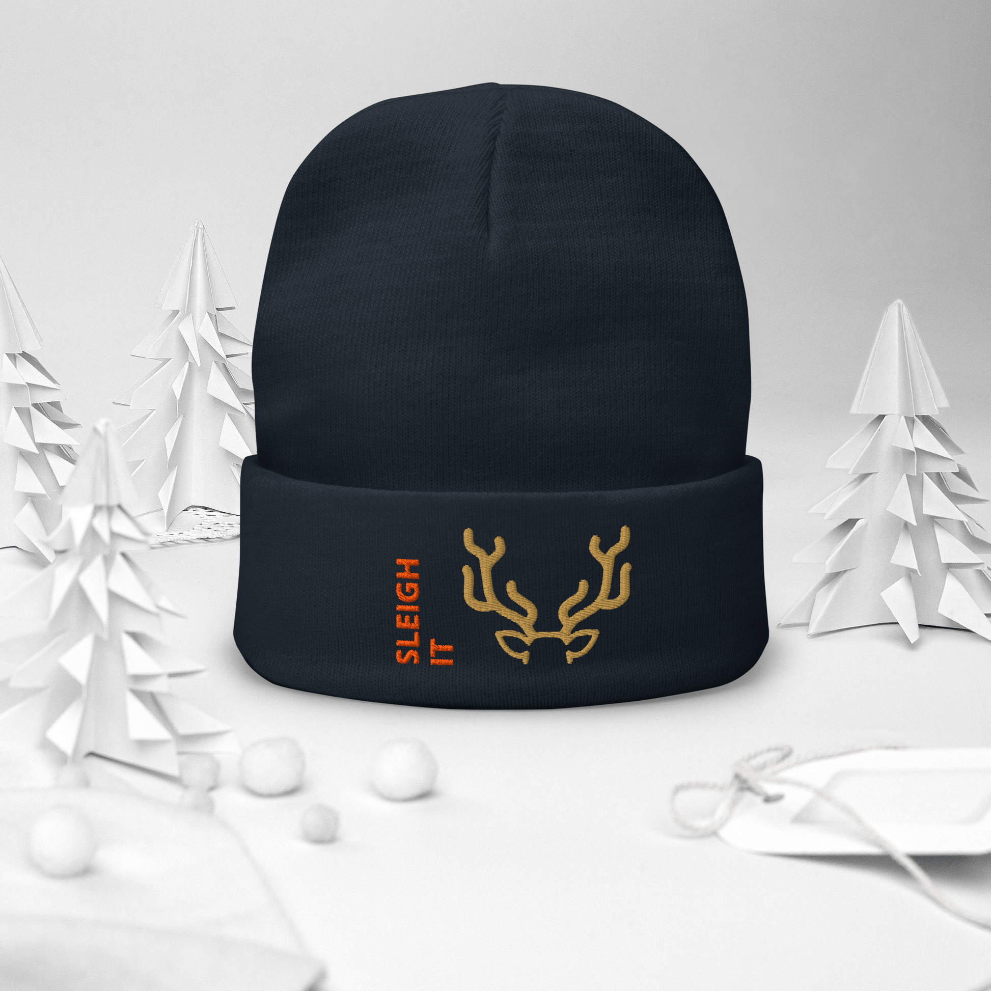 Embroidered Beanie – Cozy Personalized Winter Hat with reindeer antlers design and 'SLEIGH IT' text.