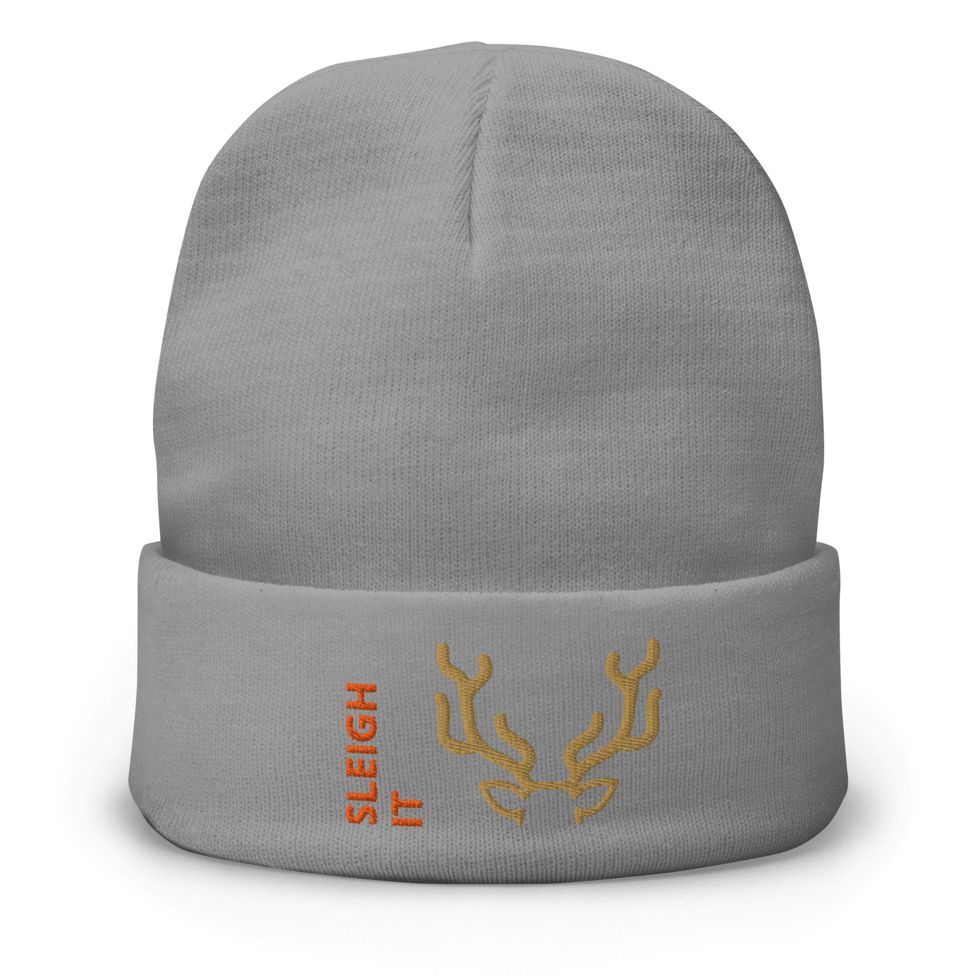 Embroidered Beanie – Cozy Personalized Winter Hat with antler design and "SLEIGH IT" text.