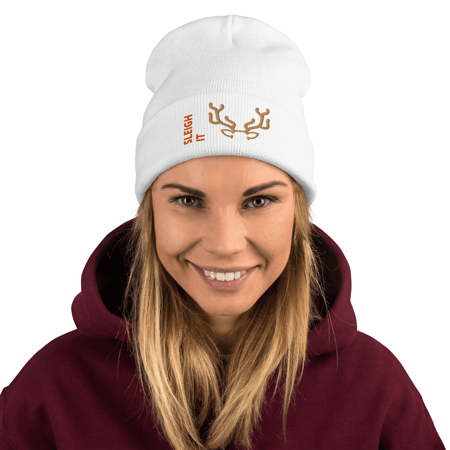 Embroidered Beanie – Cozy Personalized Winter Hat worn by a smiling woman, featuring 'SLEIGH IT' text design.