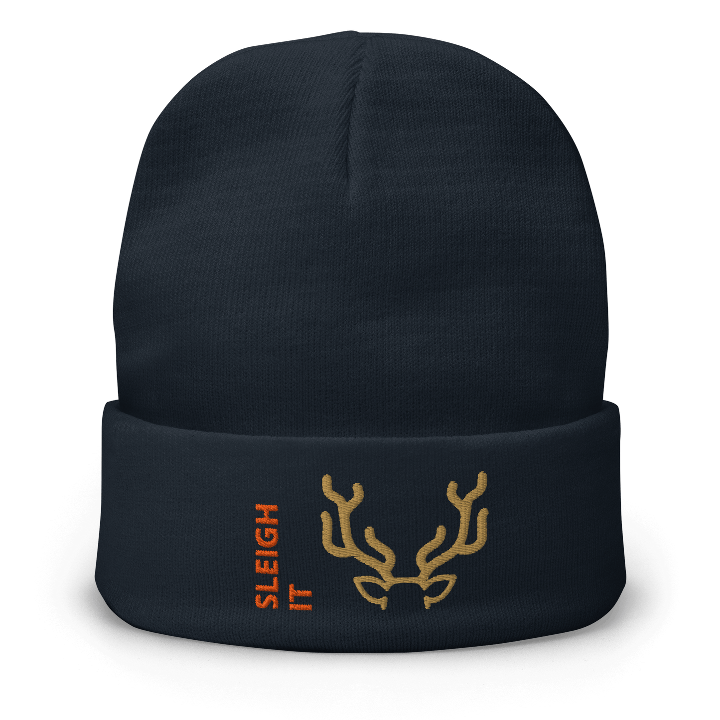 Embroidered Beanie – Cozy Personalized Winter Hat featuring a deer antler design and the phrase 'SLEIGH IT'.