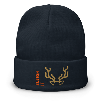 Embroidered Beanie – Cozy Personalized Winter Hat featuring a deer antler design and the phrase 'SLEIGH IT'.