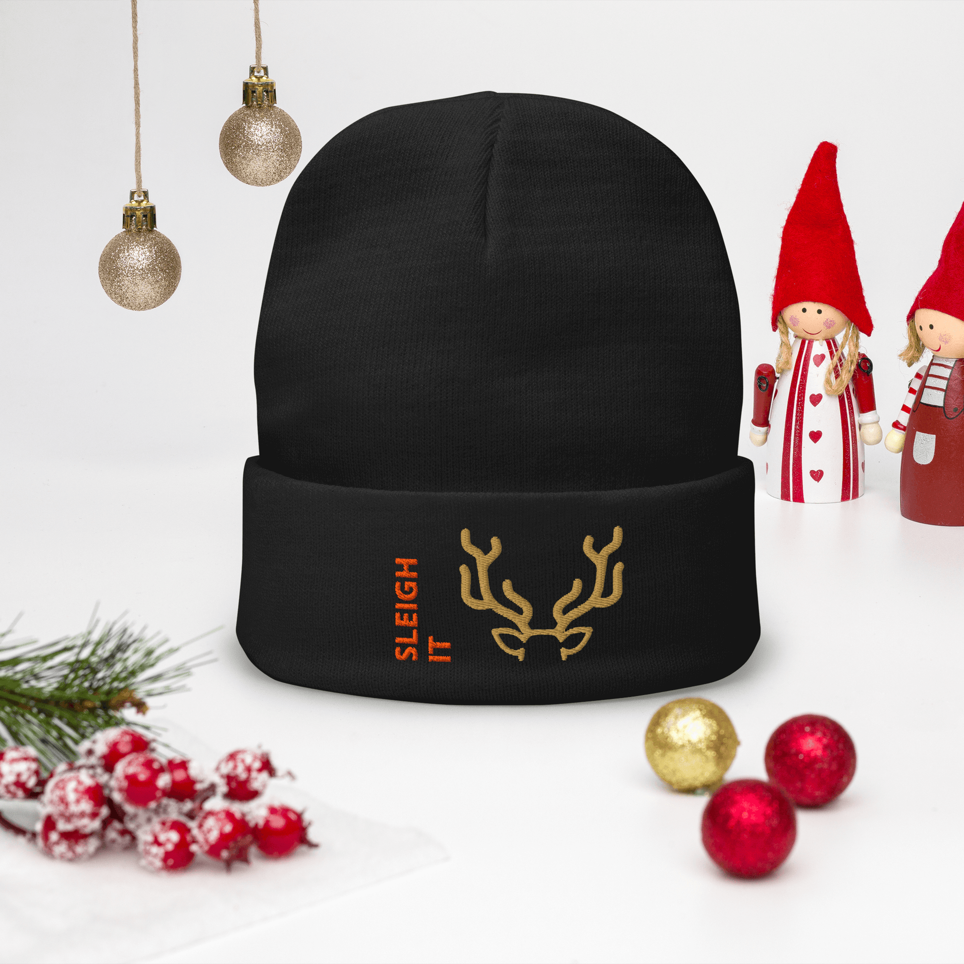 Embroidered Beanie – Cozy Personalized Winter Hat with Sleigh It design and festive decor.