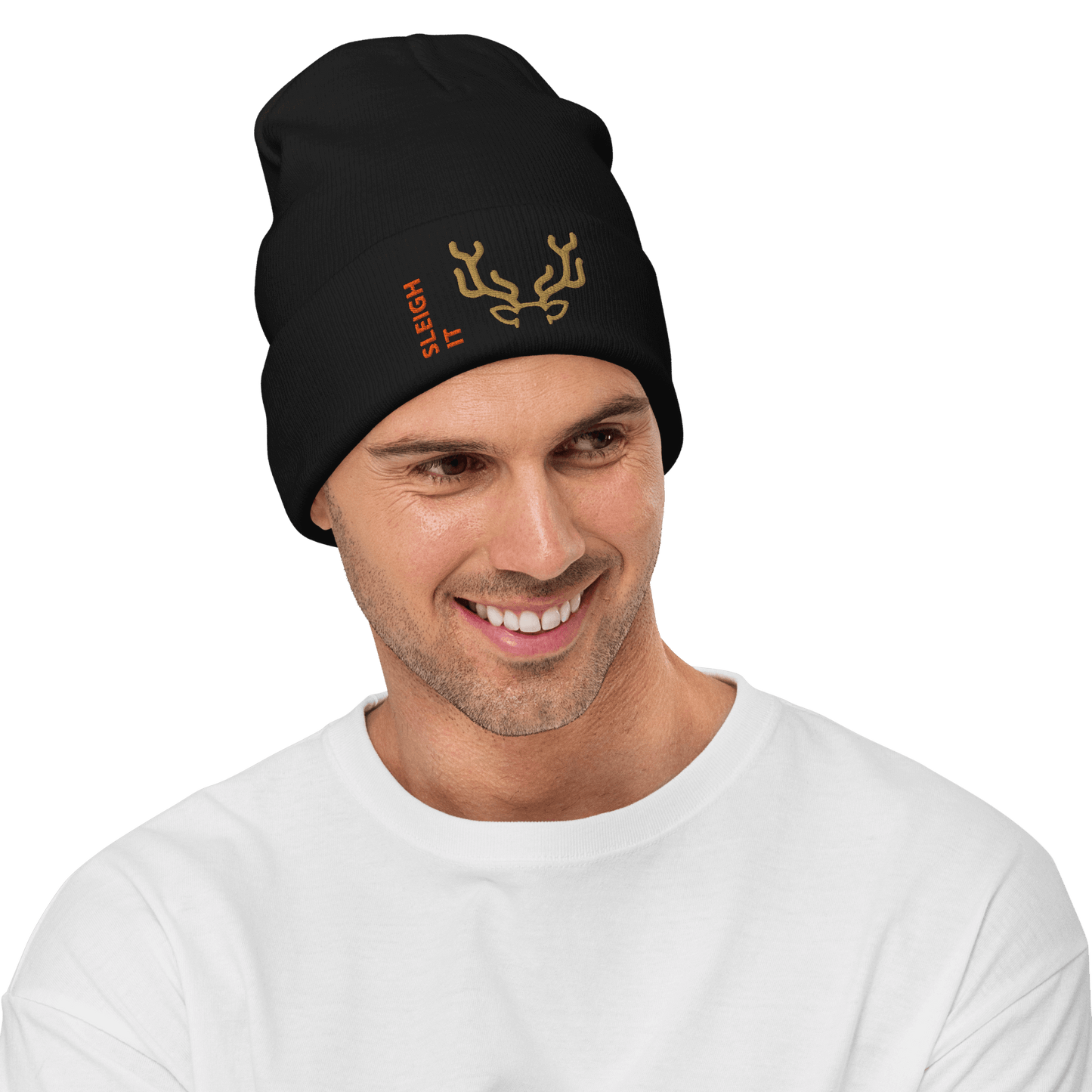 Embroidered Beanie – Cozy Personalized Winter Hat model wearing a black beanie with festive design and custom text.