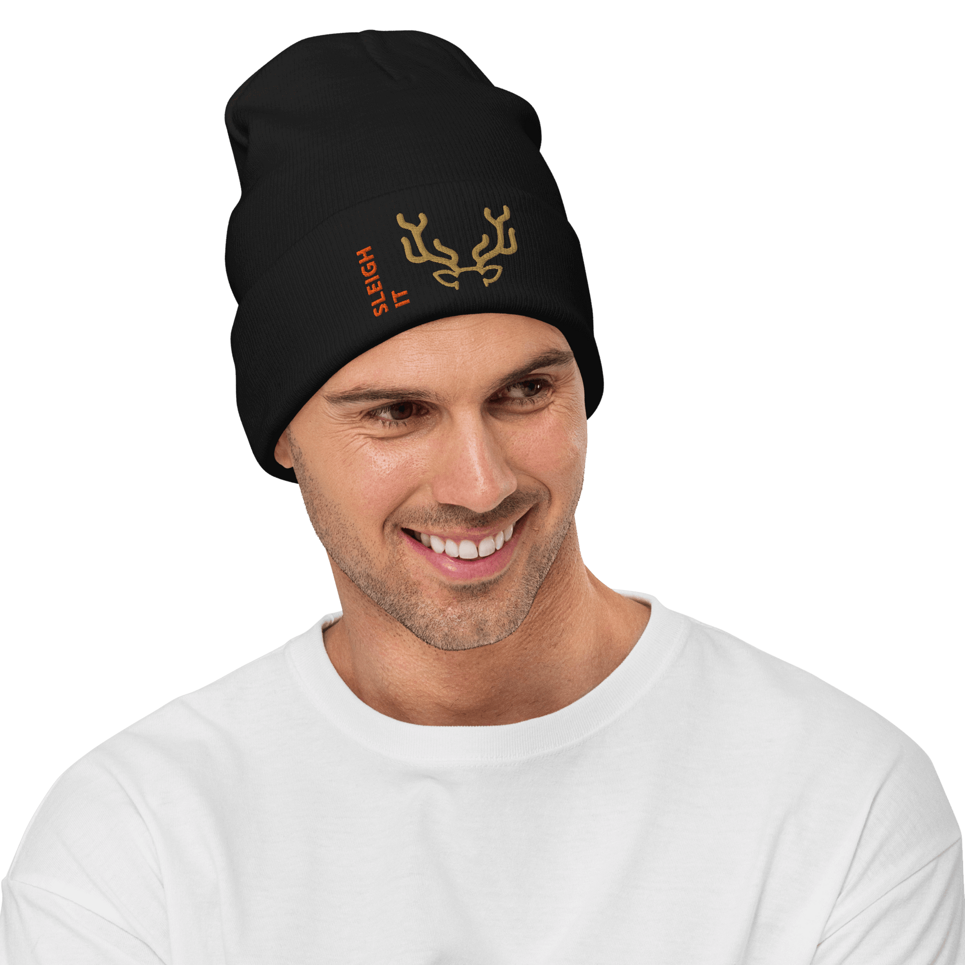 Embroidered Beanie – Cozy Personalized Winter Hat model wearing a black beanie with festive design and custom text.