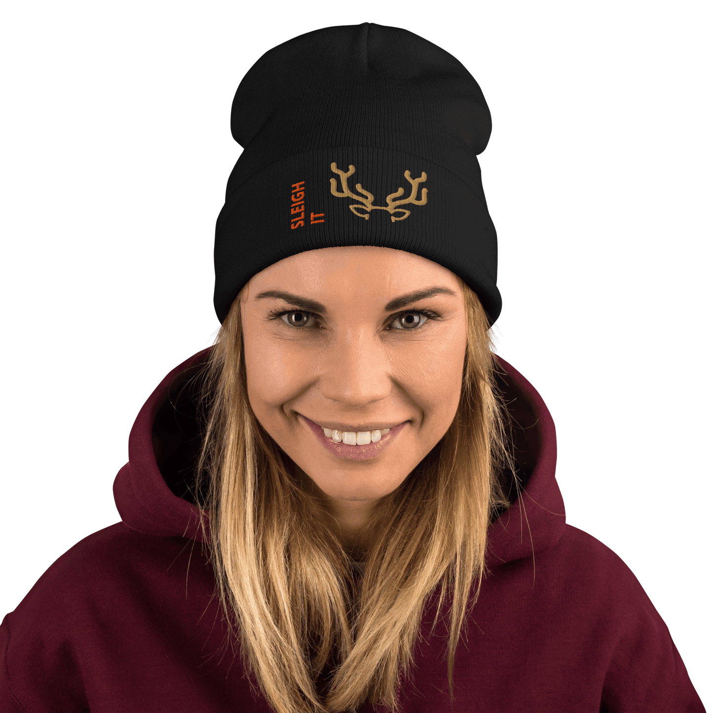Embroidered Beanie – Cozy Personalized Winter Hat model wearing a stylish black beanie with 'SLEIGH IT' design.