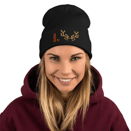 Embroidered Beanie – Cozy Personalized Winter Hat model wearing a stylish black beanie with 'SLEIGH IT' design.