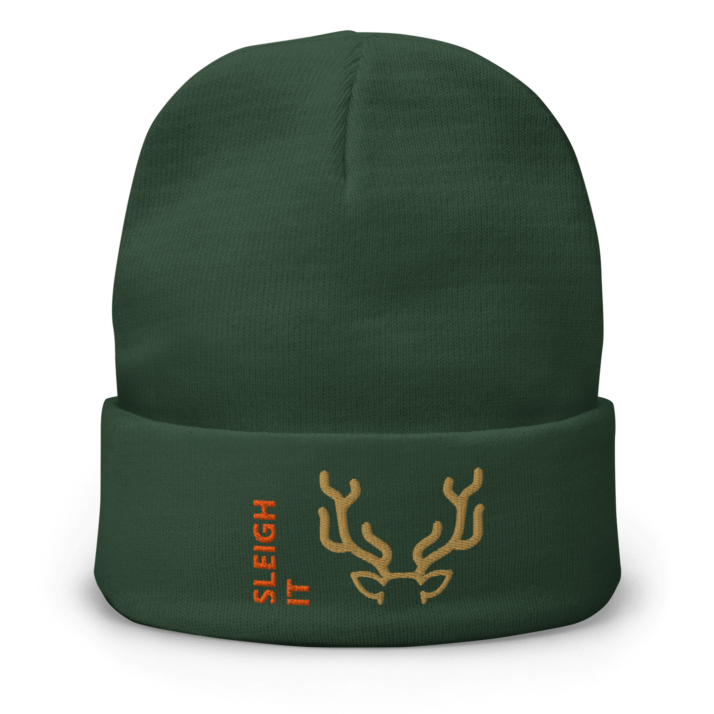 Embroidered Beanie – Cozy Personalized Winter Hat in dark green with 'SLEIGH IT' and antler design.