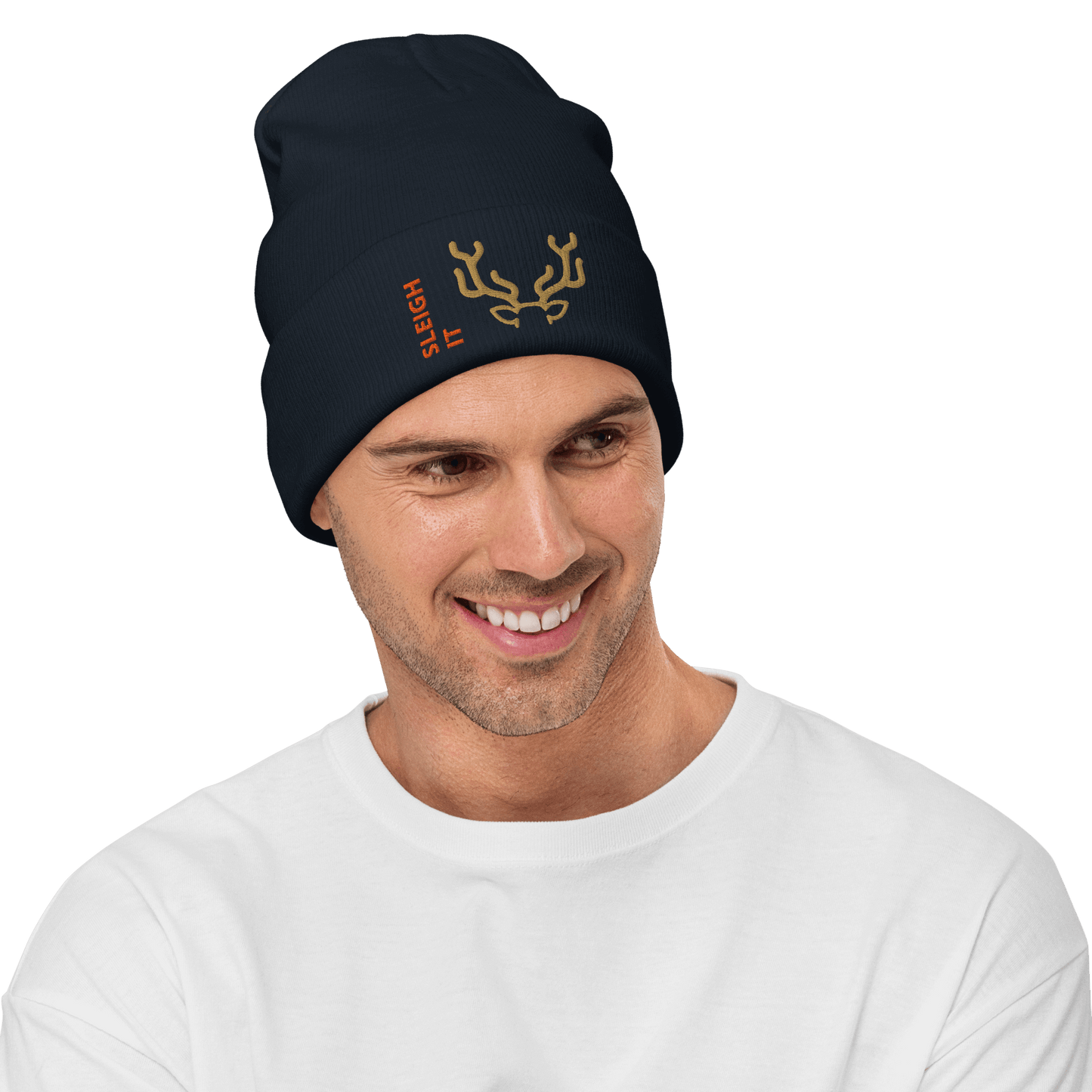 Embroidered Beanie – Cozy Personalized Winter Hat worn by a smiling man, featuring a stylish design and custom text.