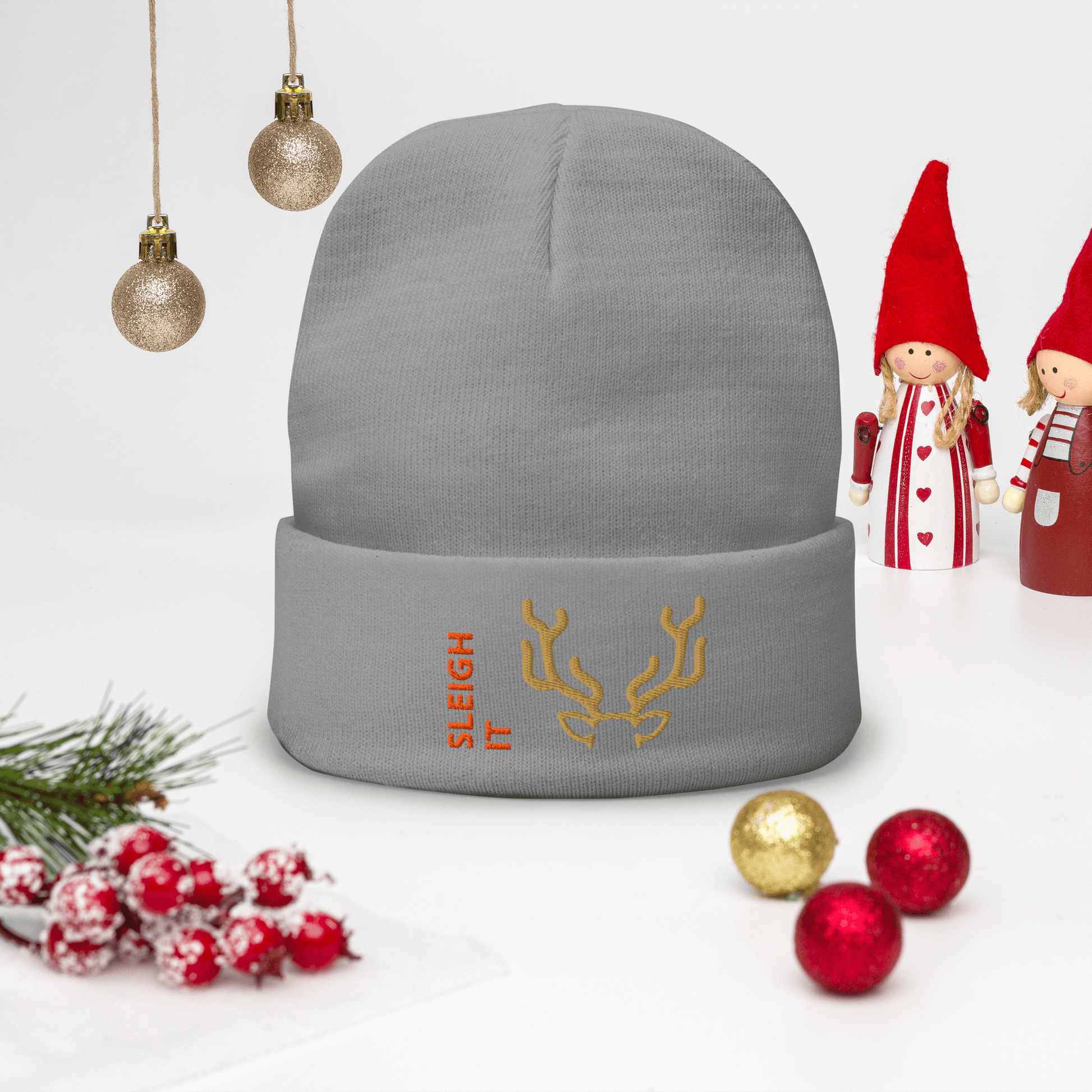 Embroidered Beanie – Cozy Personalized Winter Hat featuring a playful 'SLEIGH IT' design and antler graphics.