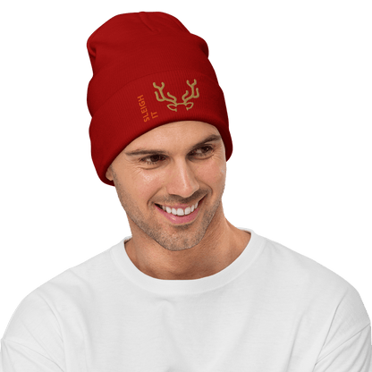 Embroidered Beanie – Cozy Personalized Winter Hat worn by a smiling man in a sweater, featuring a festive design.