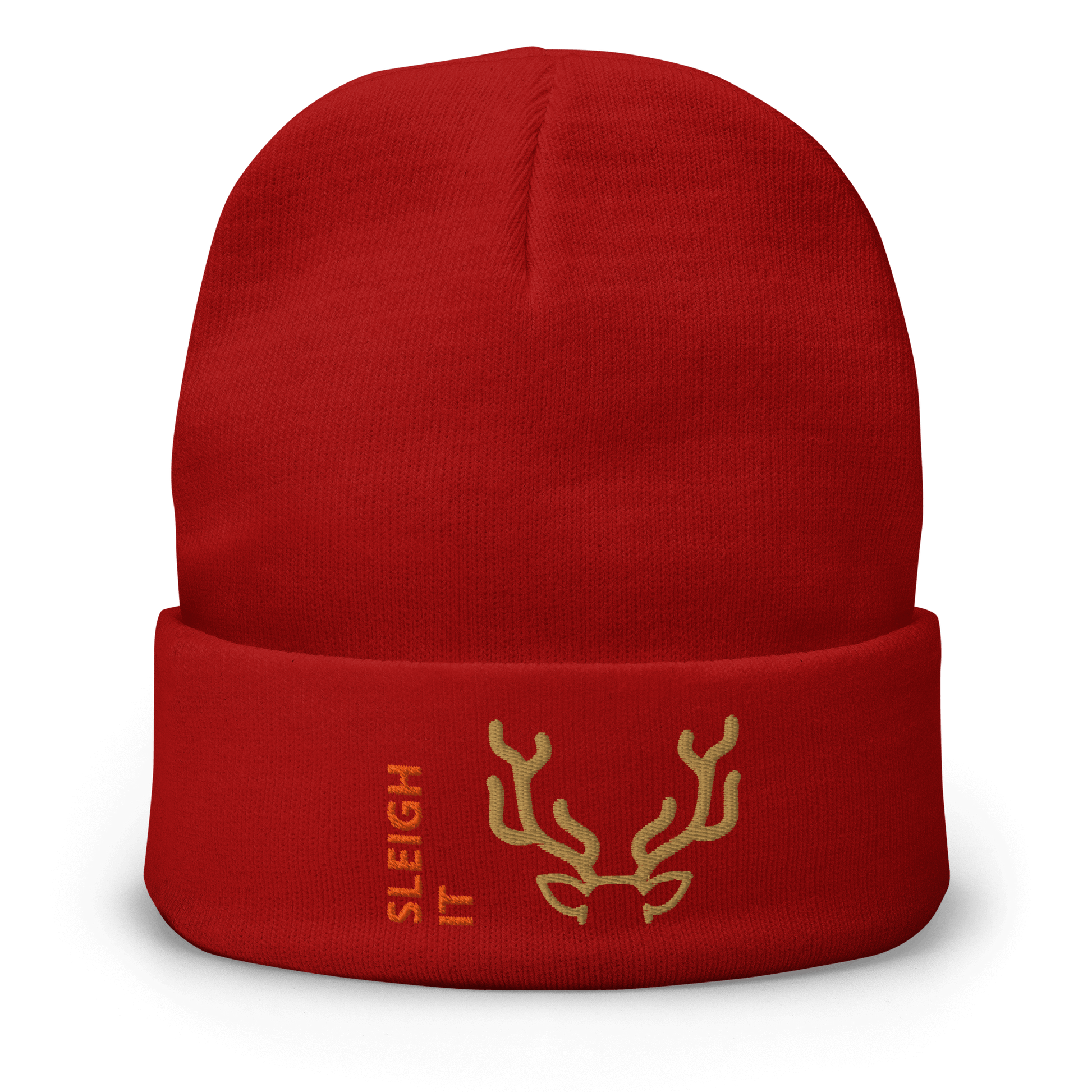 Embroidered Beanie – Cozy Personalized Winter Hat in red with gold antlers and 'SLEIGH IT' text design.
