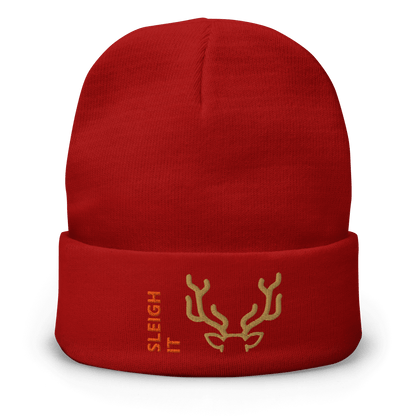 Embroidered Beanie – Cozy Personalized Winter Hat in red with gold antlers and 'SLEIGH IT' text design.