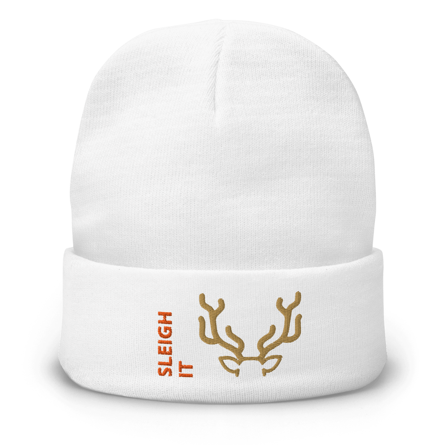 Embroidered Beanie – Cozy Personalized Winter Hat with reindeer antlers and "SLEIGH IT" text