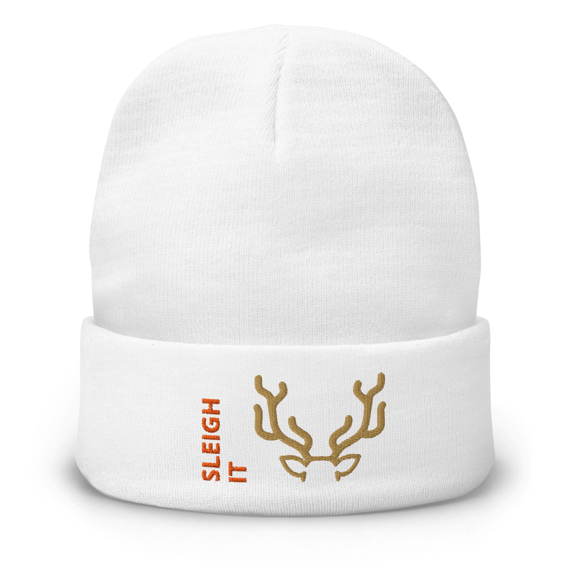 Embroidered Beanie – Cozy Personalized Winter Hat with reindeer antlers and "SLEIGH IT" text